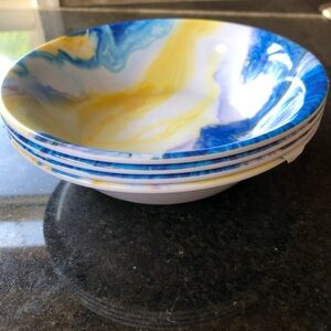 Melamine 4 cereal bowls by Topmela NEW Blue, Yellow and White Swirl